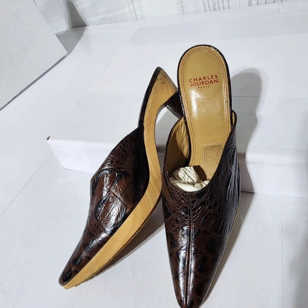 Authentic Charles Jourdan Snake Skin Leather on Wooden Platform Heels Brown